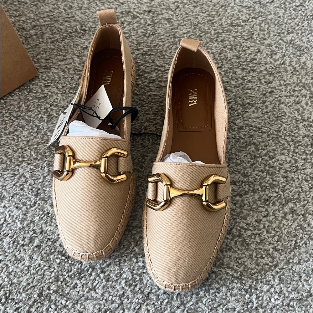 ZARA GOLD BUCKLE CANVAS ESPADRILLES